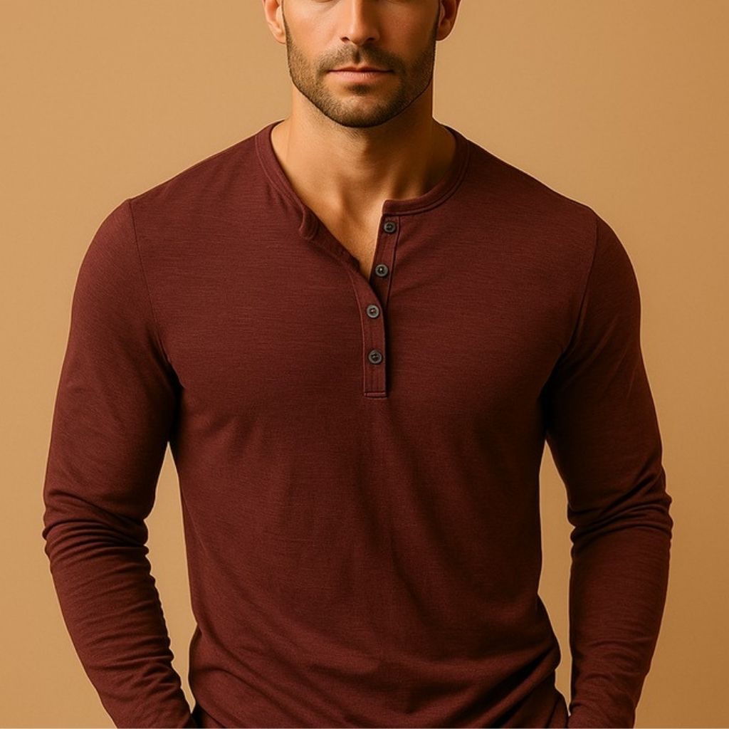 V-Neck Henley Long Sleeve Shirt for Men - Red