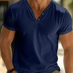 V-Neck Henley Short Sleeve T-Shirt for Men - Navy Blue