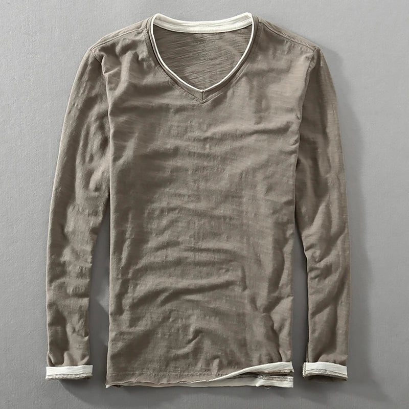 V-Neck Long Sleeve T-Shirt for Men - Gray