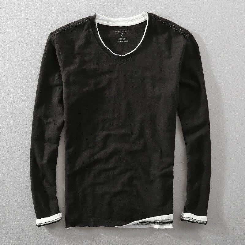 V-Neck Long Sleeve T-Shirt for Men - Black