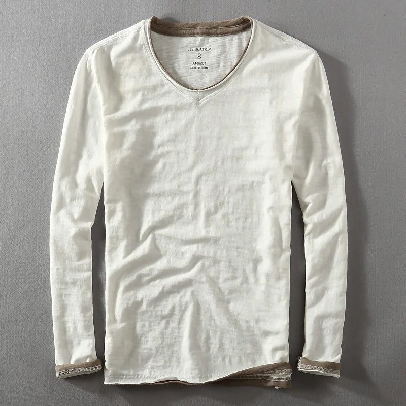 V-Neck Long Sleeve T-Shirt for Men - White