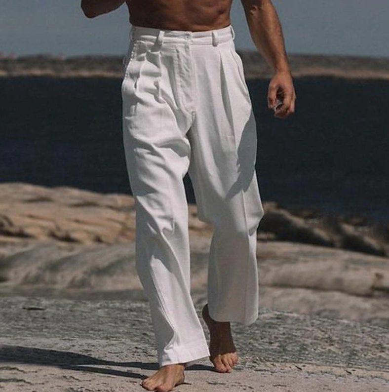 Wide Leg Linen Trousers for Men - White