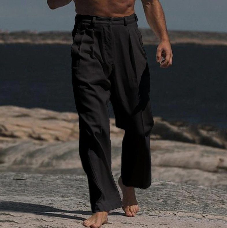 Wide Leg Linen Trousers for Men - Black
