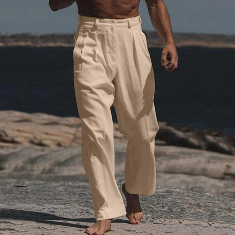 Wide Leg Linen Trousers for Men - Khaki