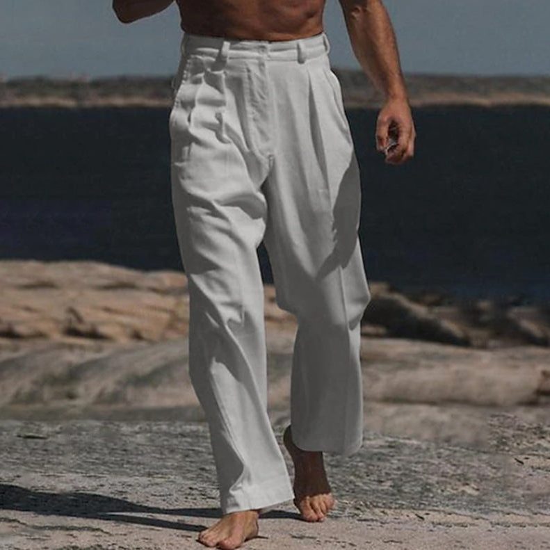 Wide Leg Linen Trousers for Men - Light Gray