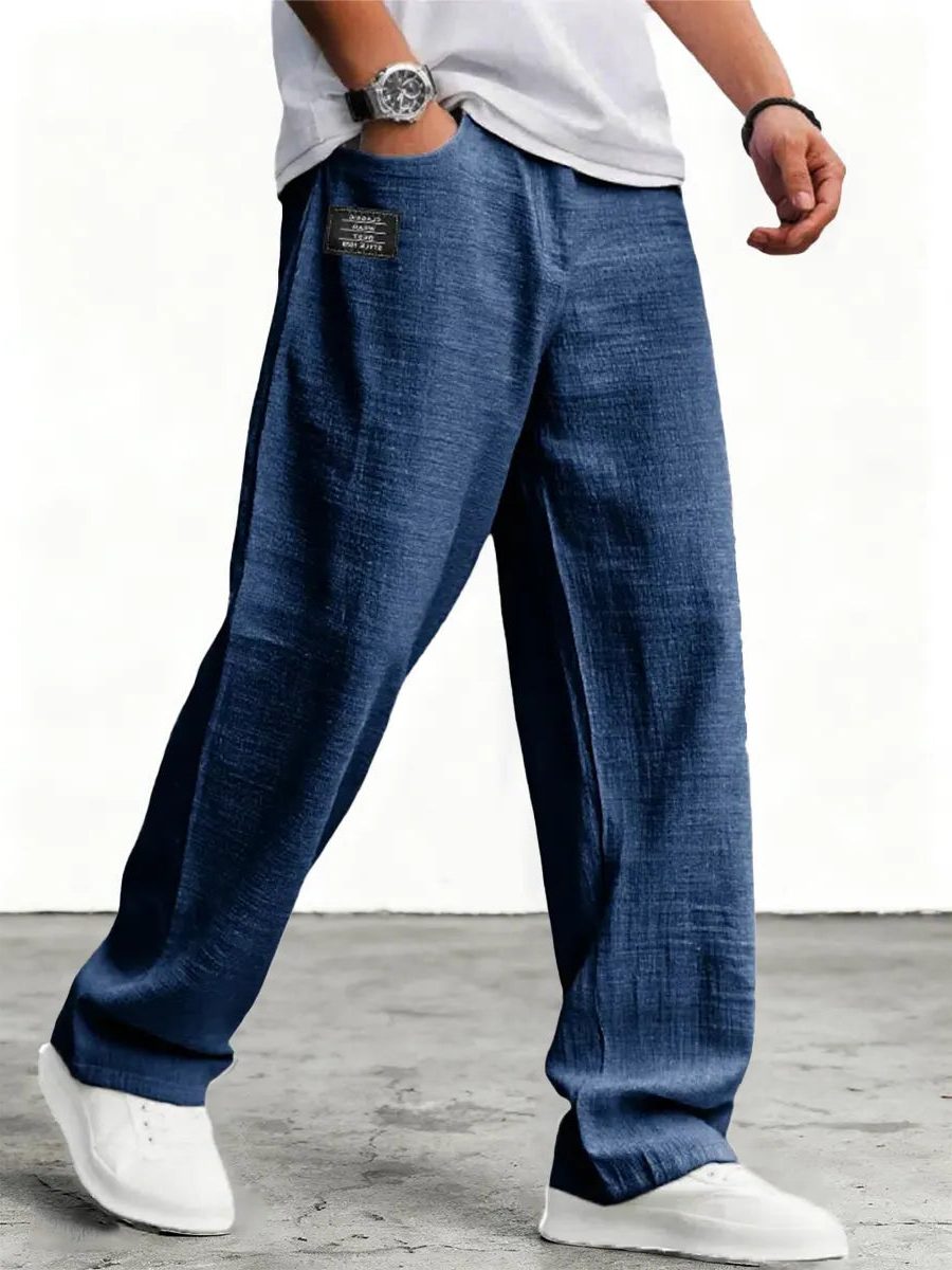 Wide-Leg Linen Trousers for Men - Navy Blue