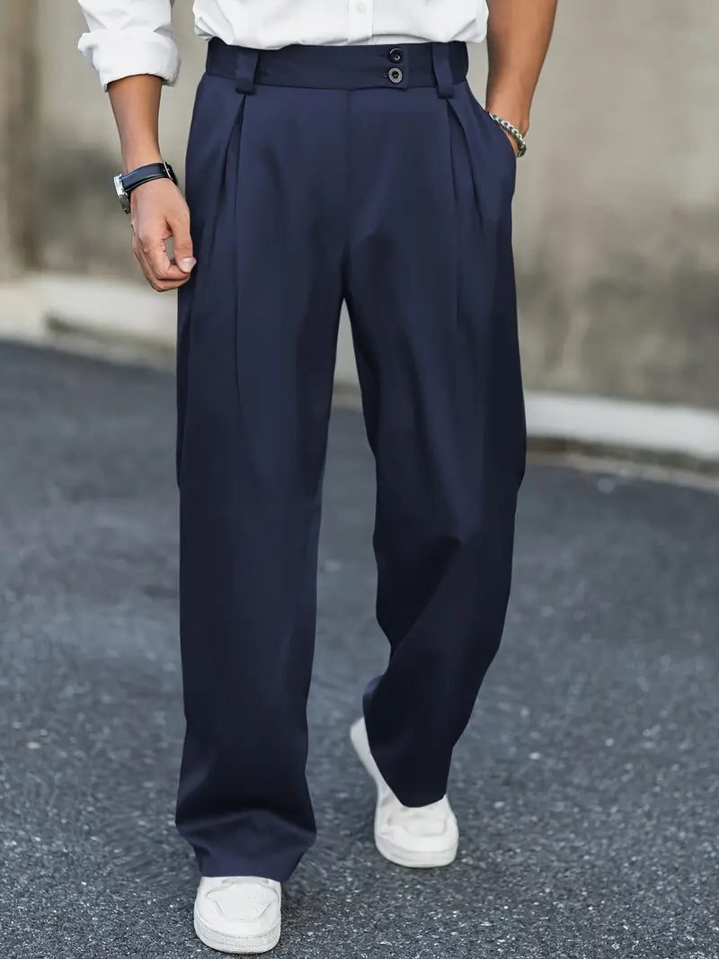 Wide Leg Pleated Chino Trousers for Men
