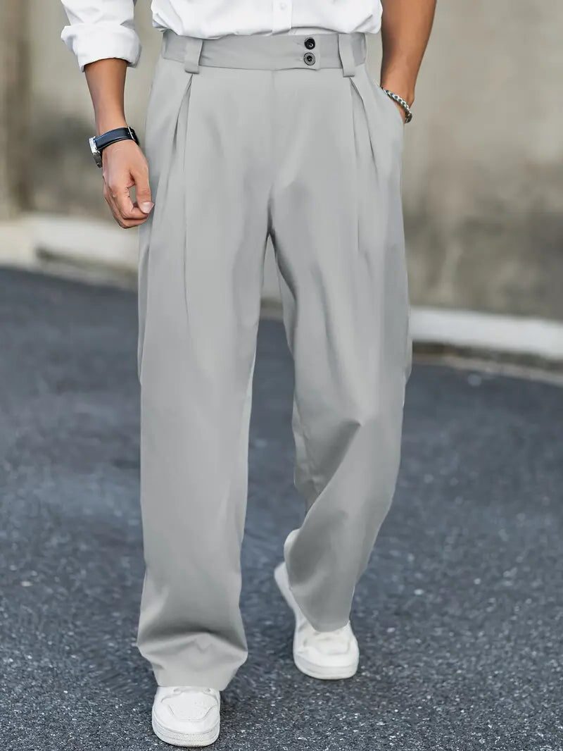 Wide Leg Pleated Chino Trousers for Men - Gray
