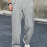 Wide Leg Pleated Chino Trousers for Men - Gray