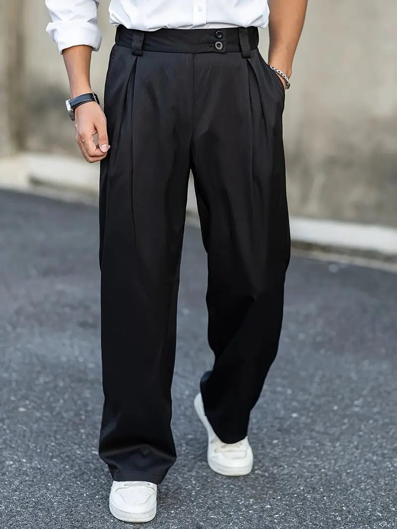 Wide Leg Pleated Chino Trousers for Men - Black