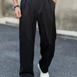 Wide Leg Pleated Chino Trousers for Men - Black