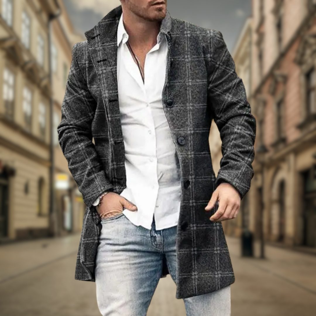 Wool Blend Long Coat for Men - Light Gray Plaid