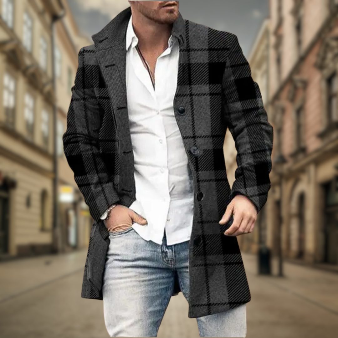 Wool Blend Long Coat for Men - Dark Gray Plaid