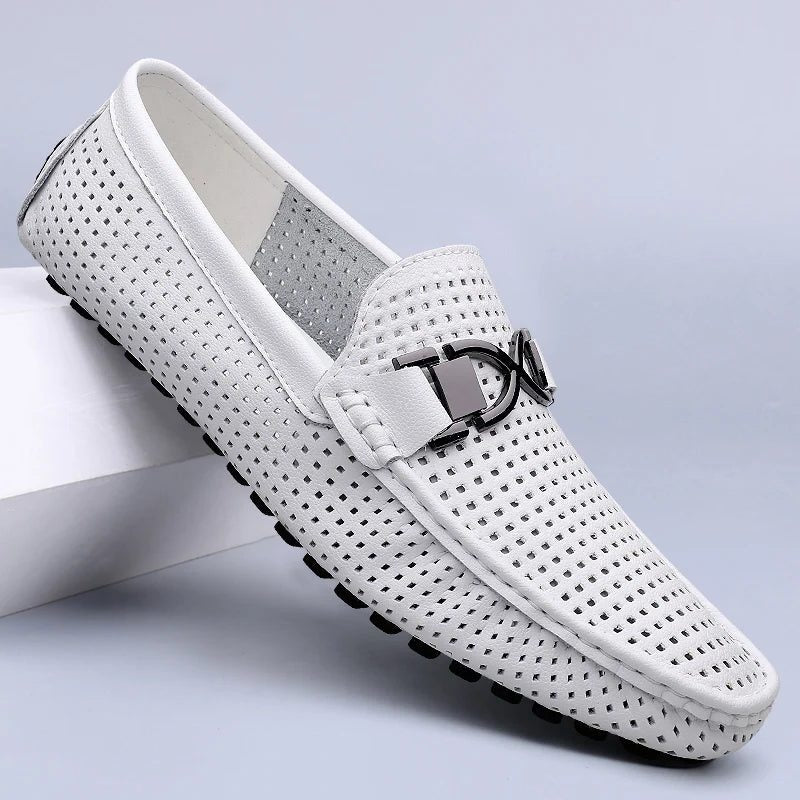 Woven Loafer with Metal Buckle for Men - Pure White