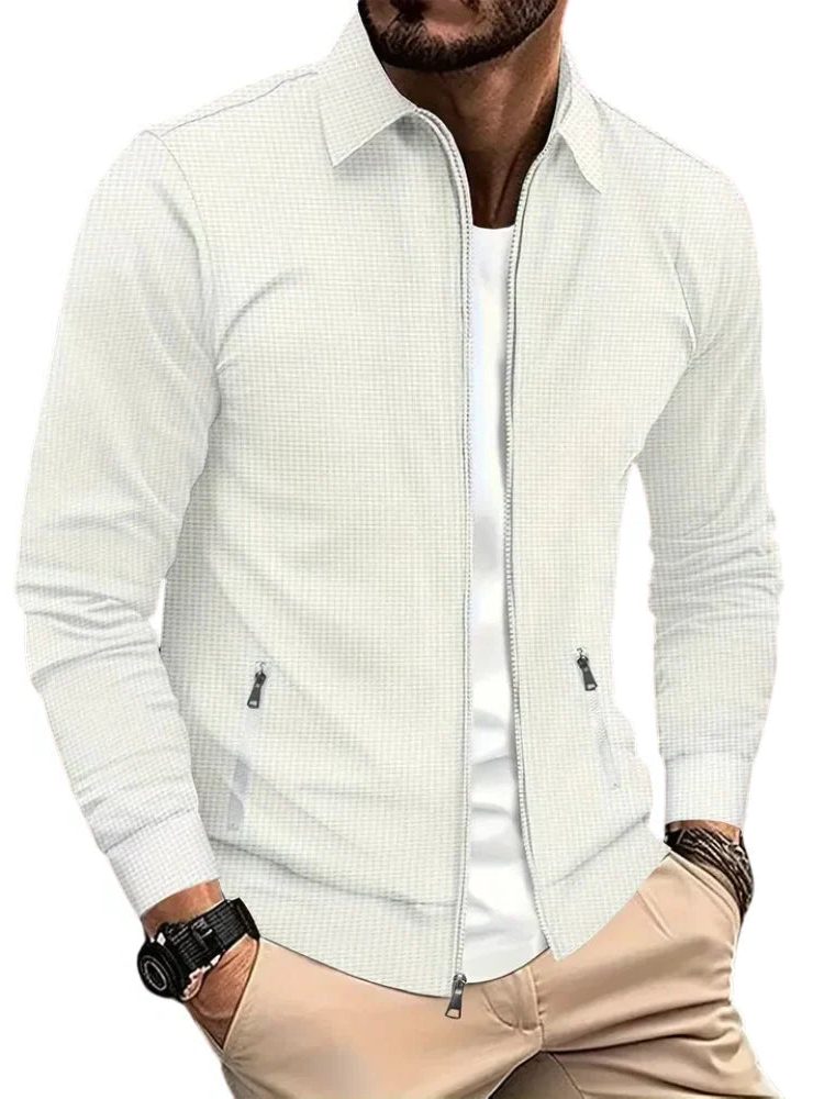 Zip-Up Collared Shirt Jacket for Men - White