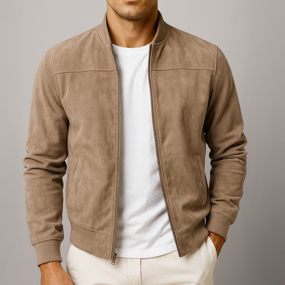 Zip-Up Suede Bomber Jacket for Men - Brown