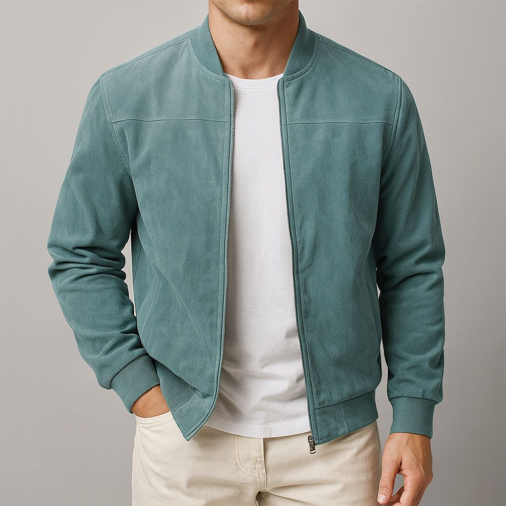 Zip-Up Suede Bomber Jacket for Men - Blue