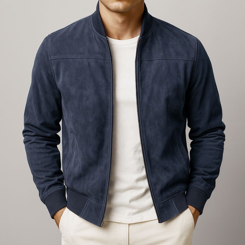 Zip-Up Suede Bomber Jacket for Men - Navy Blue