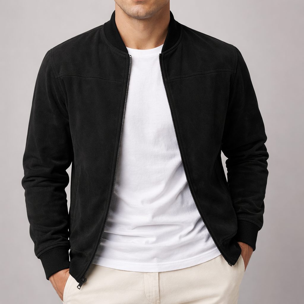 Zip-Up Suede Bomber Jacket for Men - Black