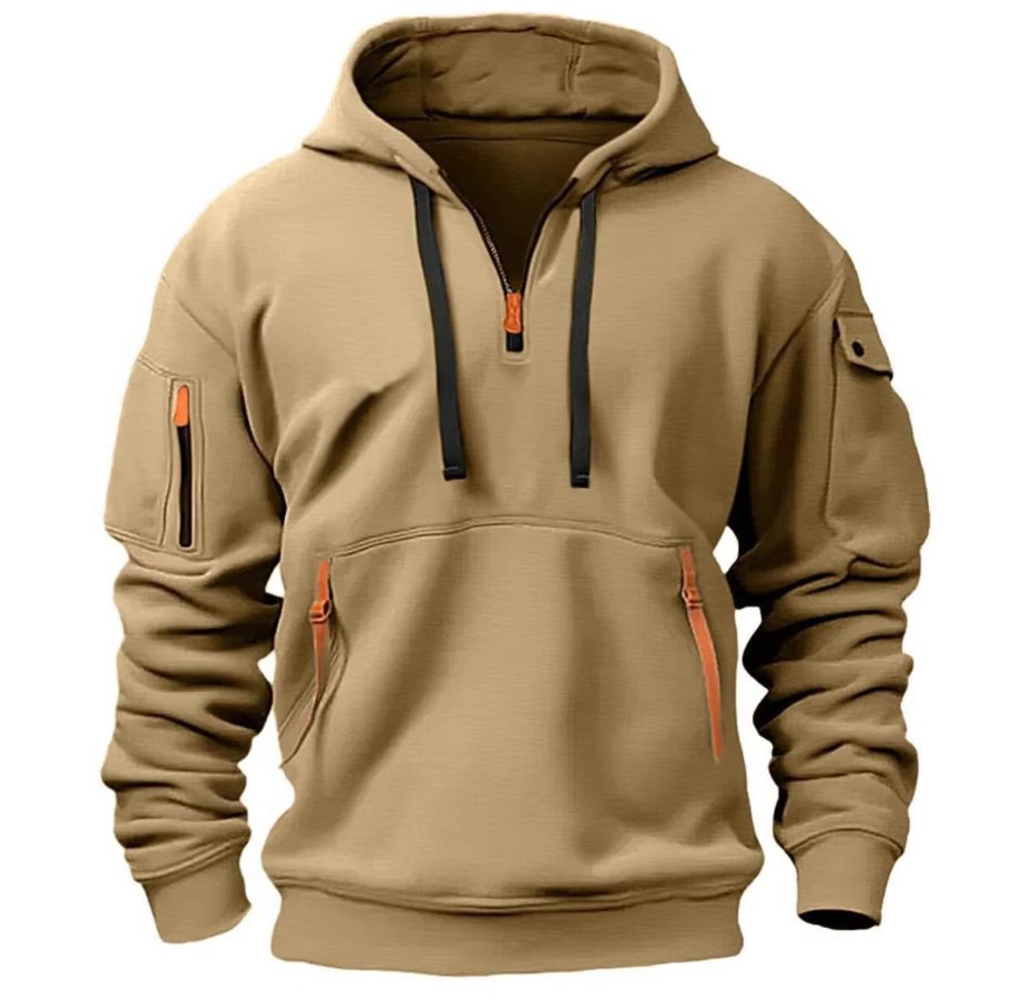 Zip-Up Hoodie with Arm Pocket for Men - Khaki