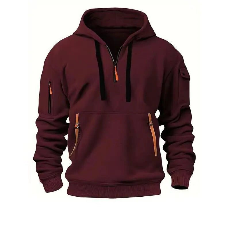 Zip-Up Hoodie with Arm Pocket for Men - Dark Red
