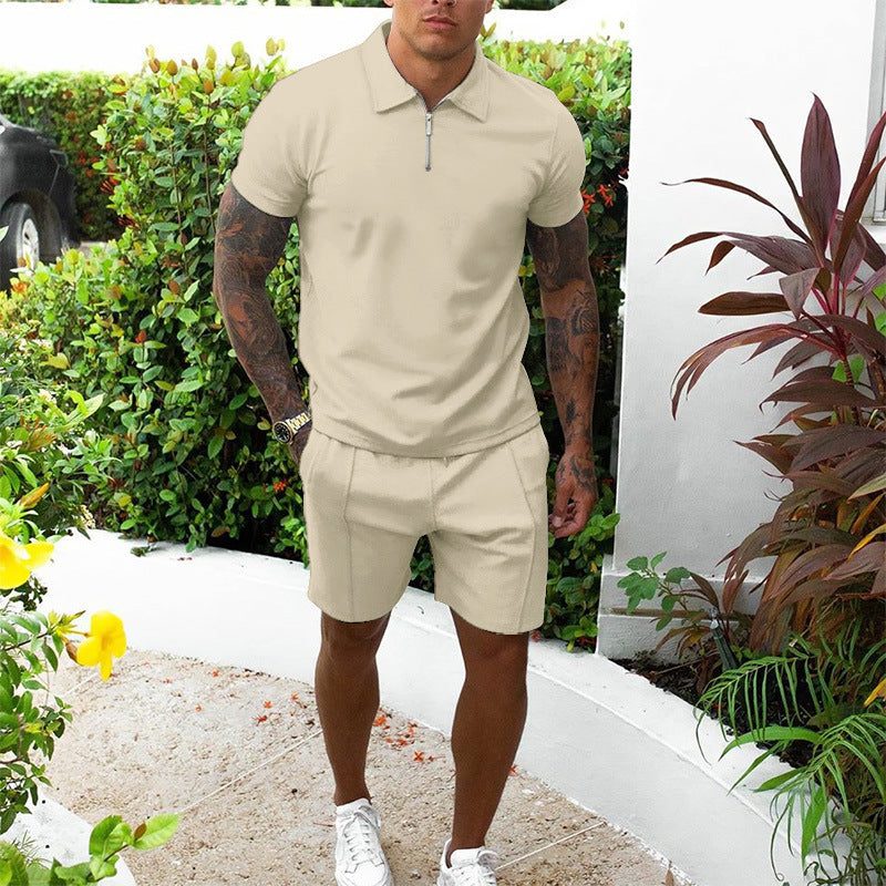 Zip-Up Polo and Shorts Set for Men - Khaki