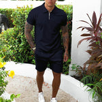 Zip-Up Polo and Shorts Set for Men - Dark blue