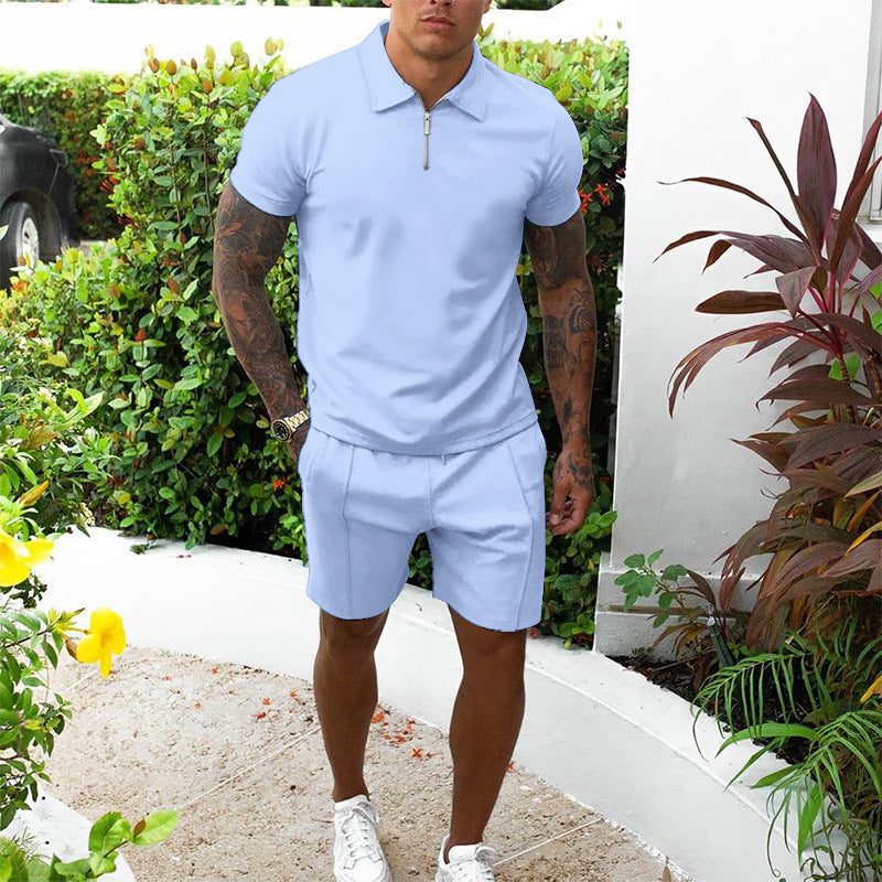 Zip-Up Polo and Shorts Set for Men - Sky blue