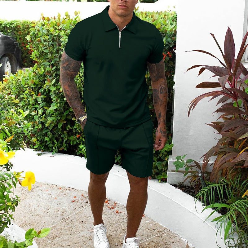 Zip-Up Polo and Shorts Set for Men - Dark green