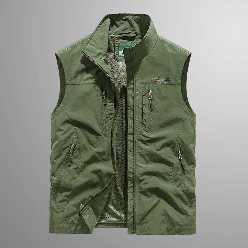 Zip-Up Stand Collar Cargo Vest for Men - Green