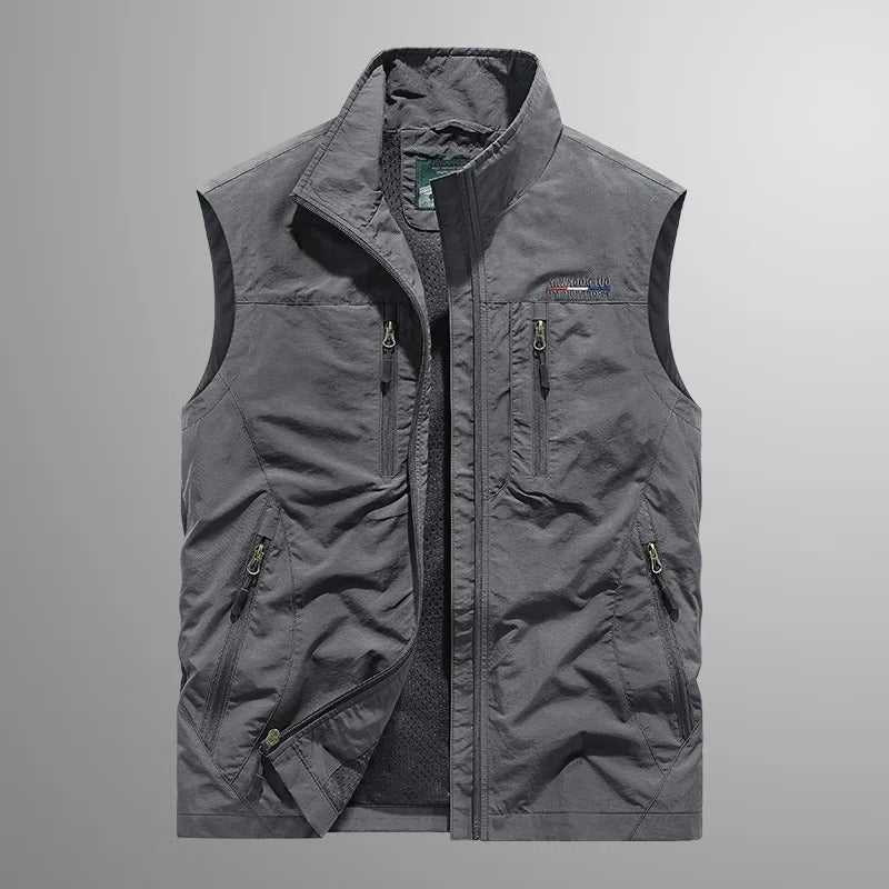 Zip-Up Stand Collar Cargo Vest for Men - Gray