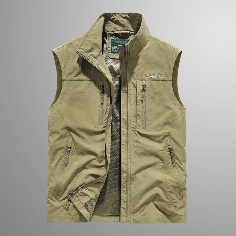 Zip-Up Stand Collar Cargo Vest for Men - Khaki