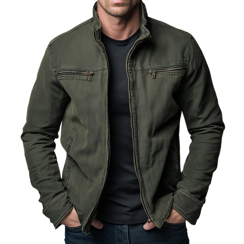 Zip-Up Stand Collar Cotton Jacket for Men - Army Green