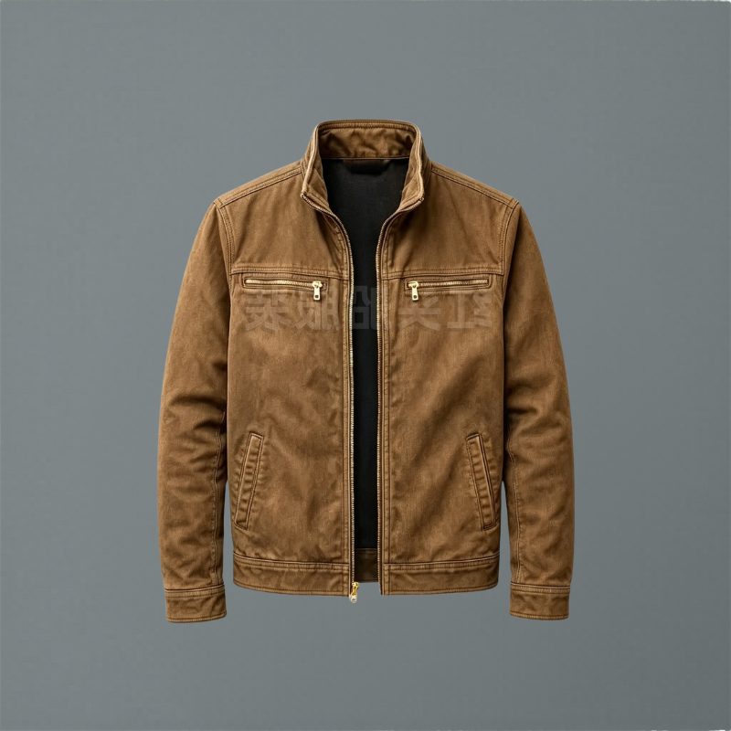 Zip-Up Stand Collar Cotton Jacket for Men - Brown