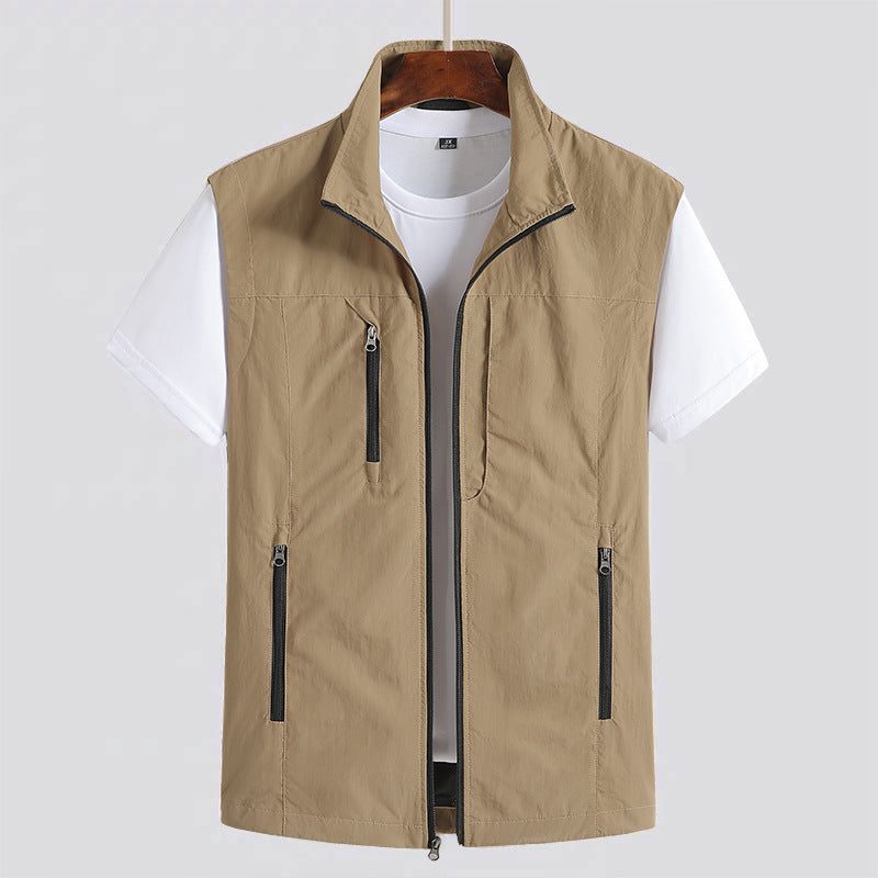 Zip-Up Stand Collar Gilet for Men - Khaki