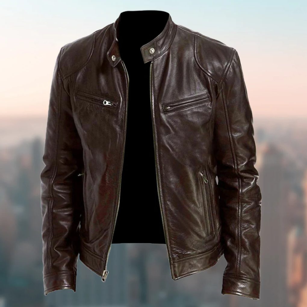 Zip-Up Stand Collar Leather Jacket for Men - Dark Brown