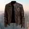 Zip-Up Stand Collar Leather Jacket for Men - Dark Brown