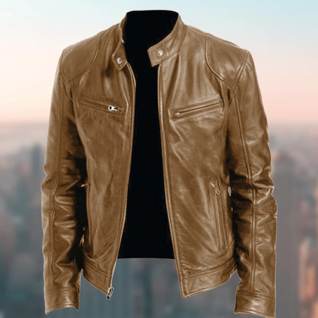 Zip-Up Stand Collar Leather Jacket for Men - Light Brown