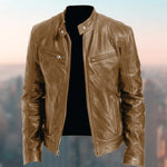 Zip-Up Stand Collar Leather Jacket for Men - Light Brown