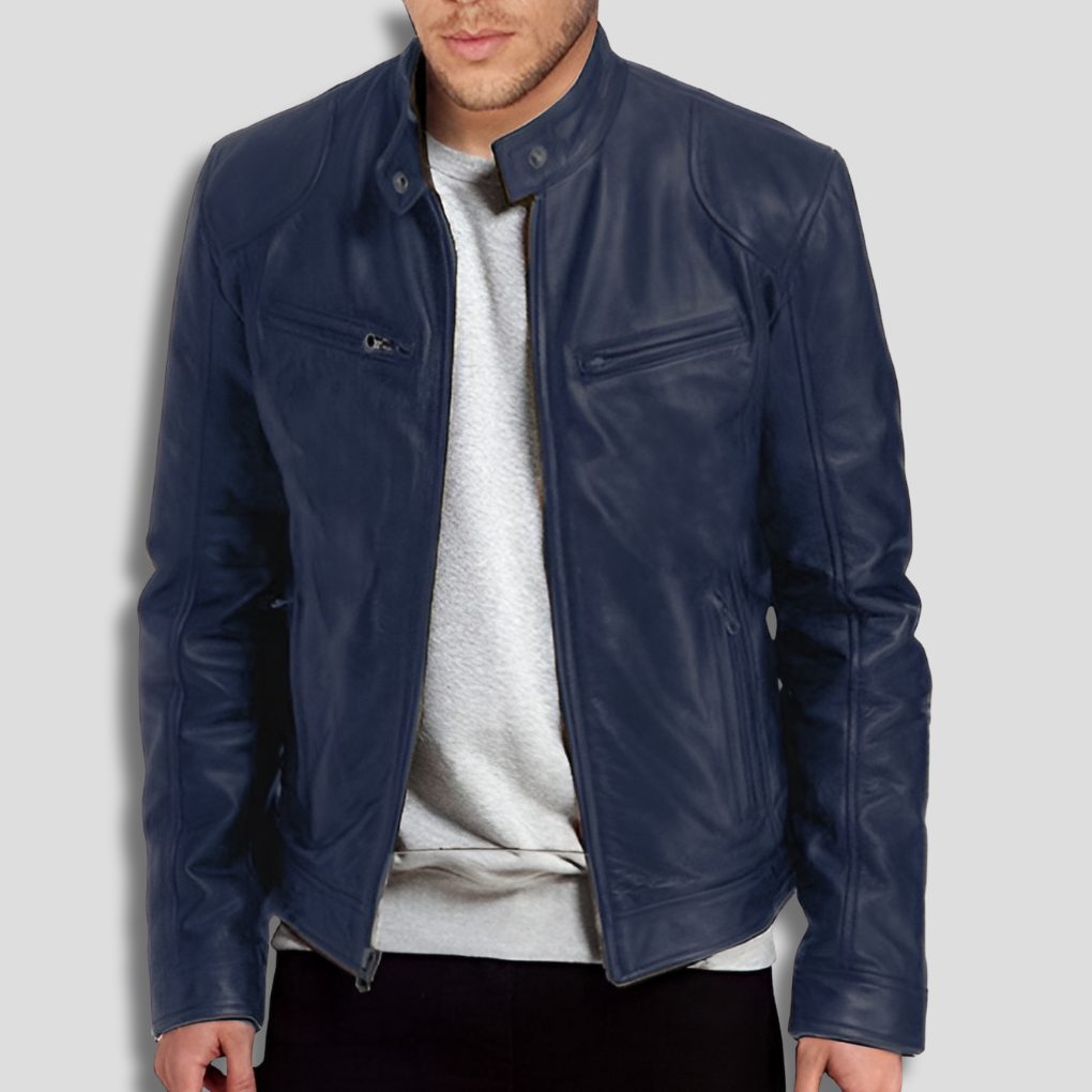 Zip-Up Stand Collar Leather Jacket for Men - Blue