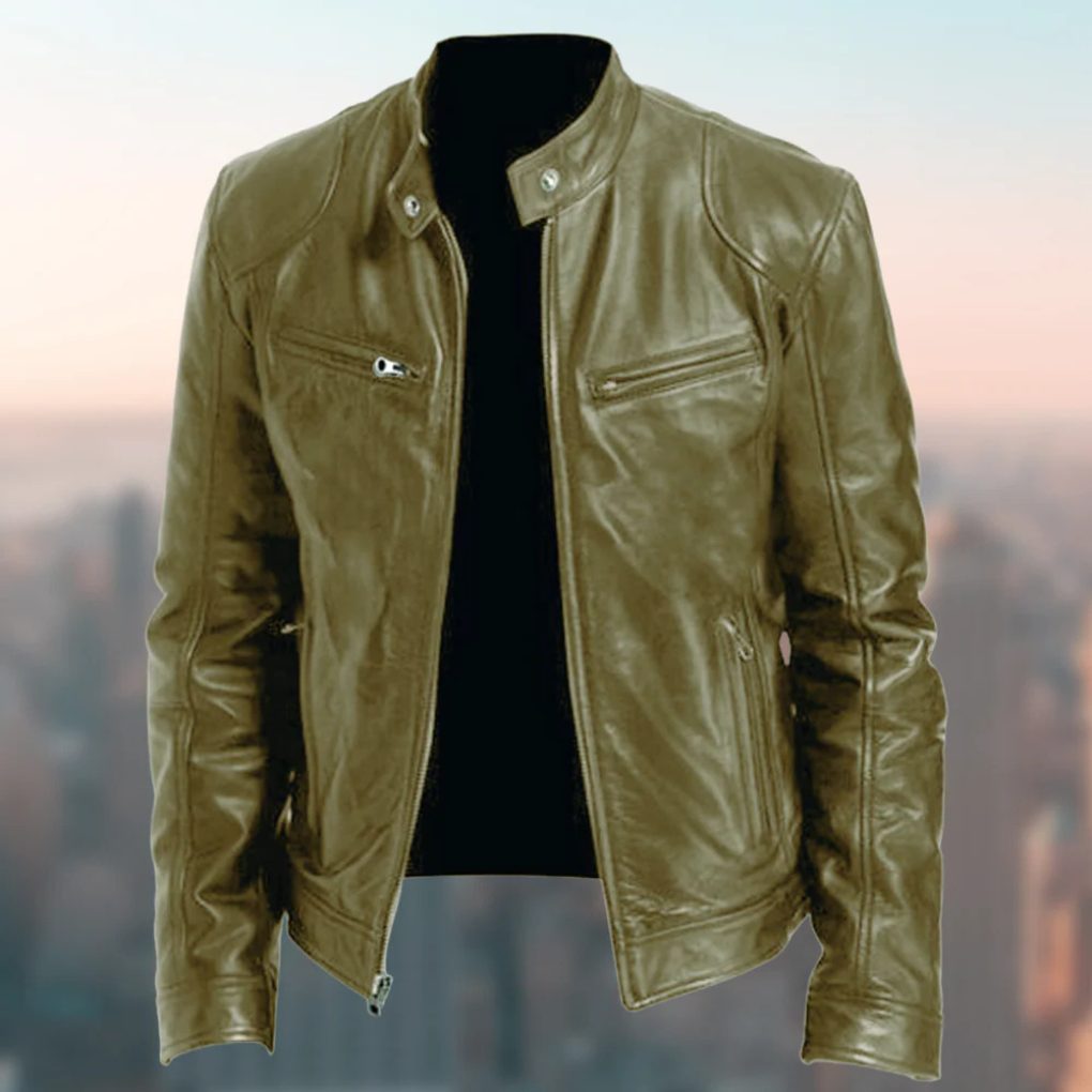Zip-Up Stand Collar Leather Jacket for Men - Brown