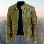 Zip-Up Stand Collar Leather Jacket for Men - Brown