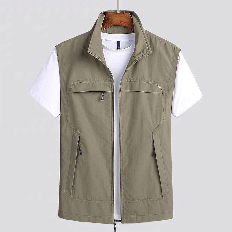 Zip-Up Stand Collar Vest for Men - Khaki