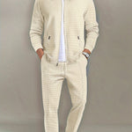 Zip-Up Textured Jogger Set for Men - Beige