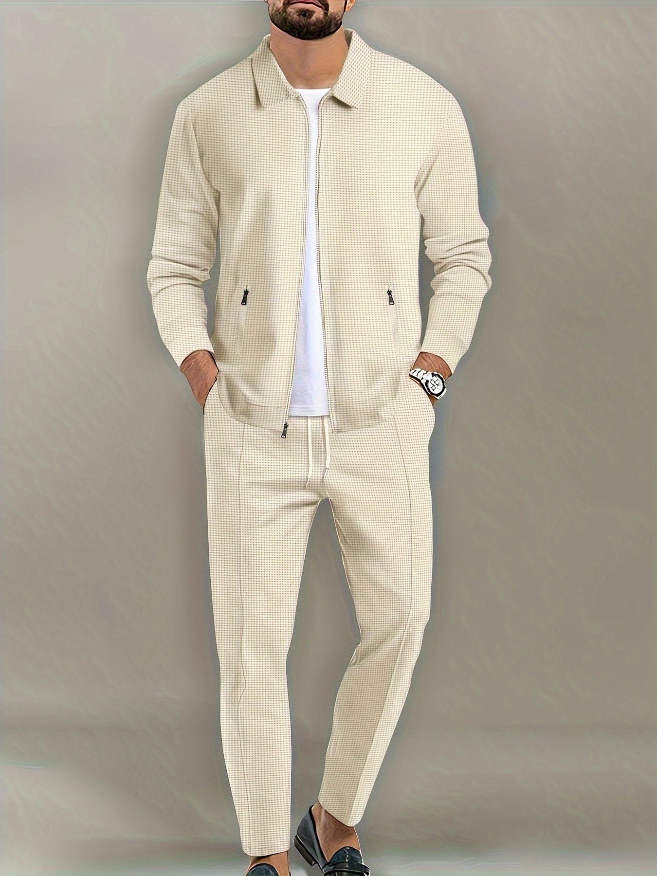 Zip-Up Textured Jogger Set for Men - Beige
