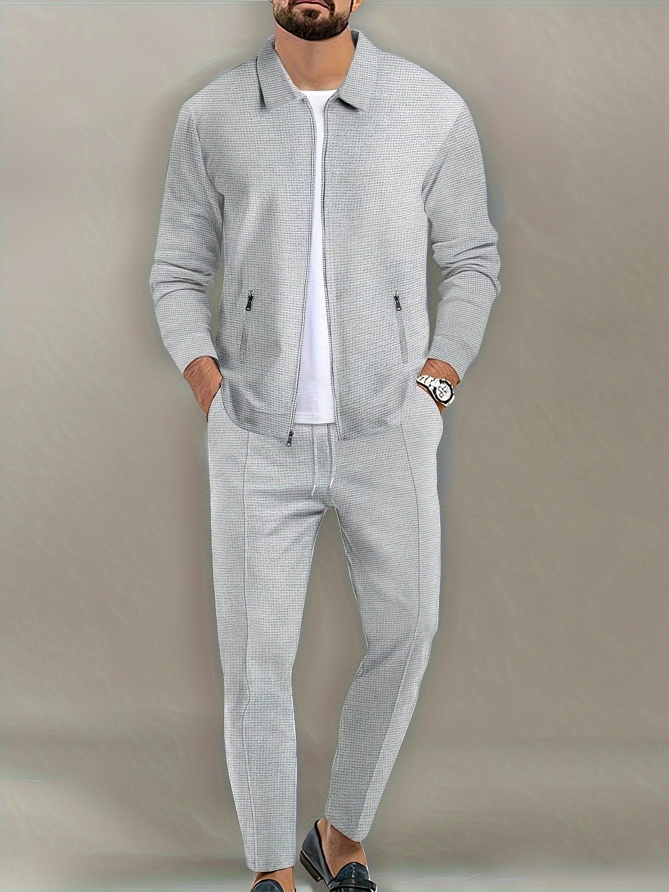 Zip-Up Textured Jogger Set for Men - Gray