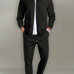 Zip-Up Textured Jogger Set for Men - Black